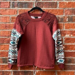 Shyanne Womens XS Brown Southwestern Sleeve Lace Shoulder Pullover Sweater